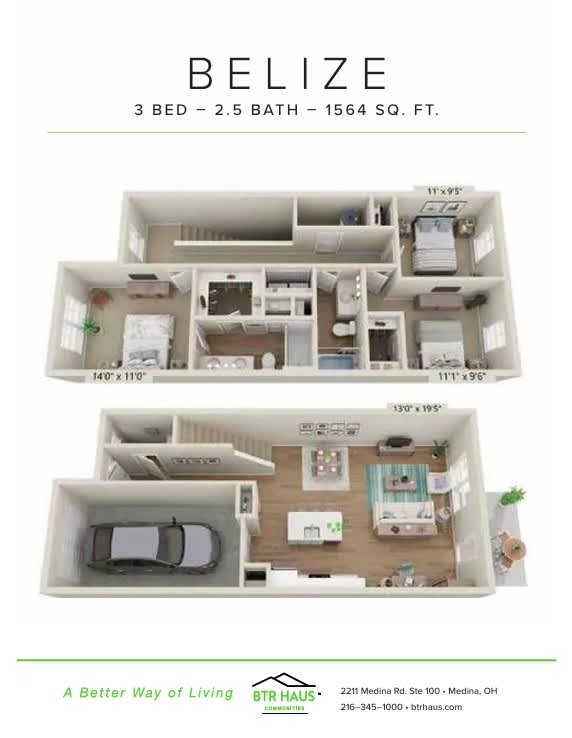 A Belize 3 Bed - 2.5 Bath - 1564 SQ. FT. floor plan.