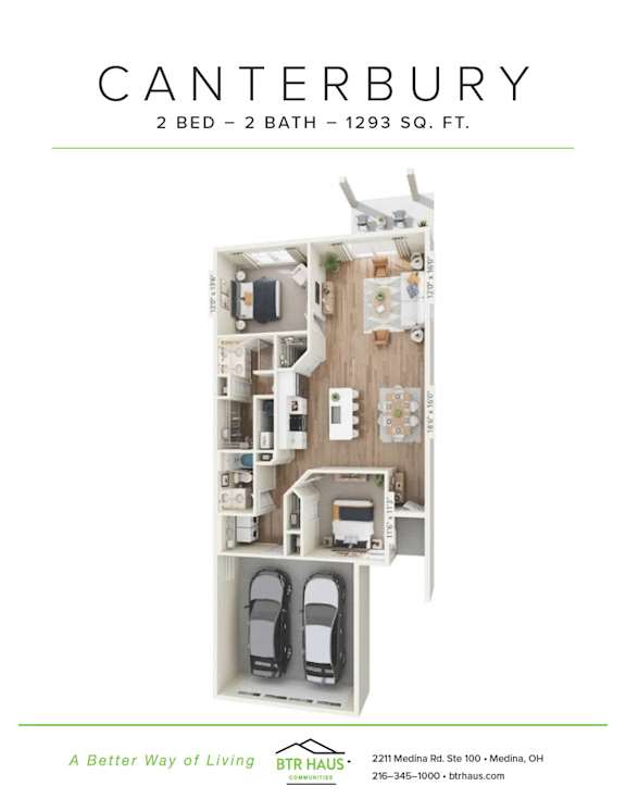 A floor plan for a 2 bedroom, 2 bathroom apartment at 1293 S.Q. Ft.