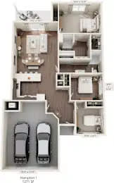 A floor plan of a one bedroom apartment with two parking spaces.