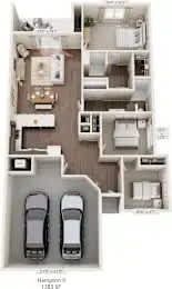 A floor plan of a two bedroom apartment with a garage for two cars.