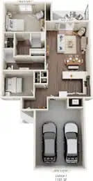 A floor plan of a one bedroom apartment with a kitchen, living room, and two parking spaces.