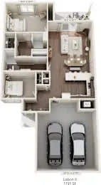A floor plan of an apartment with two bedrooms and two bathrooms.