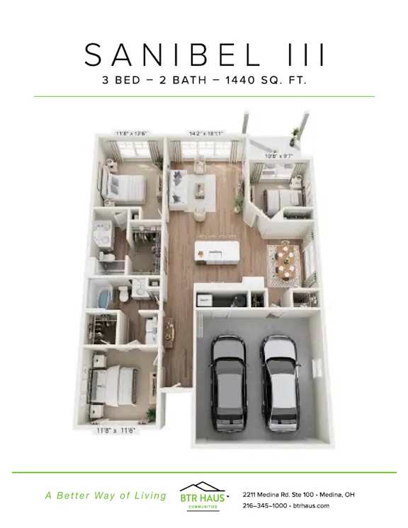 A floor plan for a 3 bedroom, 2 bathroom apartment that is 1440 square feet.