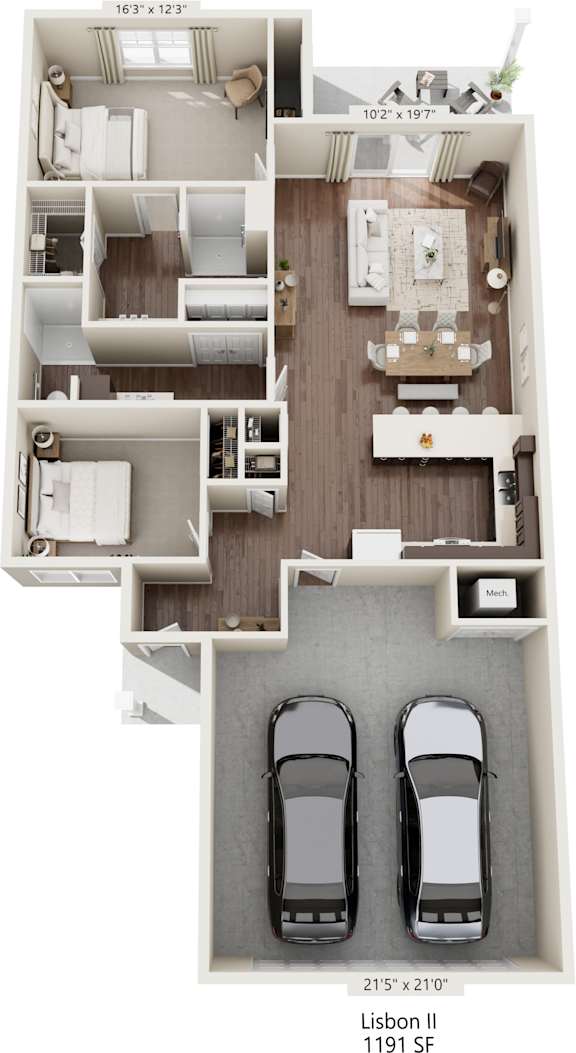 A floor plan of an apartment with two bedrooms, two bathrooms, a living room, a kitchen, and a garage for two cars.
