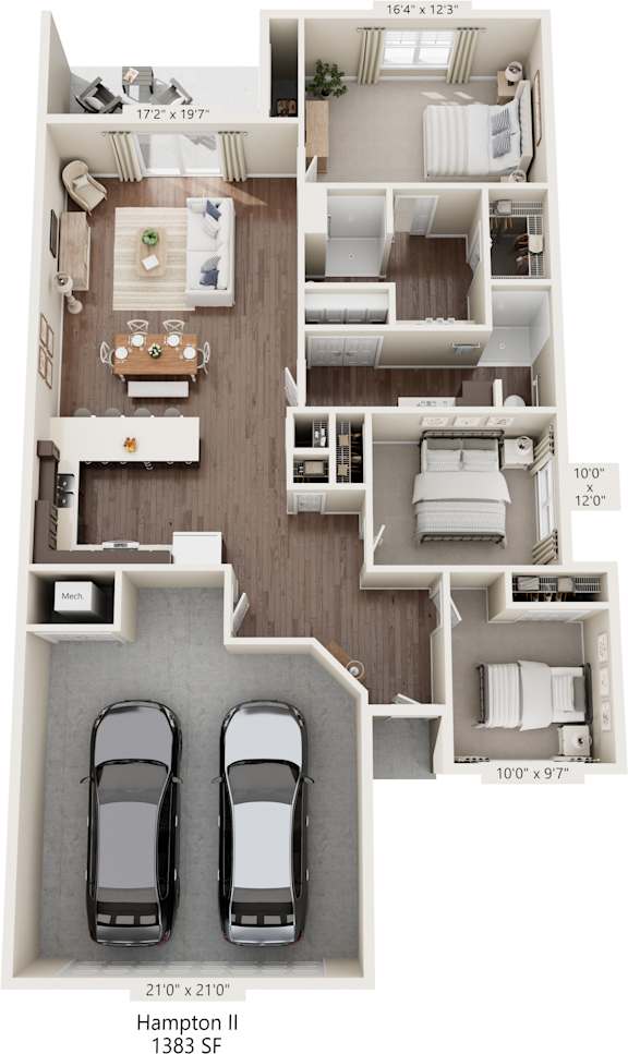 A floor plan of a two bedroom apartment with a garage for two cars.