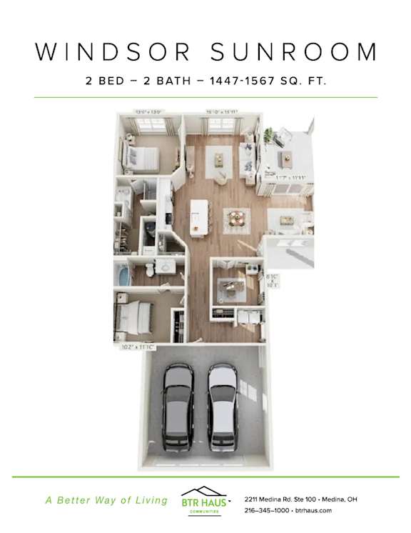 A floor plan of a Windsor Sunroom with two bedrooms and two bathrooms.