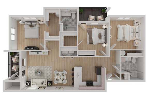 Floor Plan  A 3D floor plan of a small apartment with a kitchen, living room, and bedroom.
