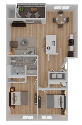 A top-down view of a small apartment layout with a kitchen, living room, and bathroom.