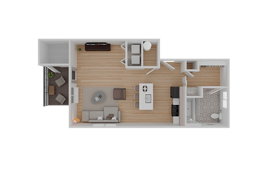 A top-down view of a house layout with a living room, kitchen, and bathroom.