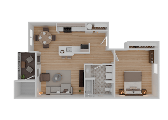 A top-down view of a modern apartment layout with a kitchen, living room, and bedroom.