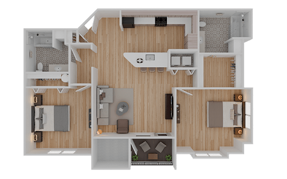 A 3D rendered image of a house layout.