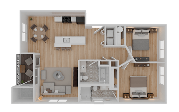 A top-down view of a small apartment layout with a kitchen, living room, and bedroom.