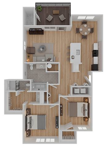 A detailed 3D floor plan of a house layout.
