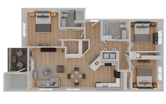A top-down view of a house layout with various rooms and furniture.