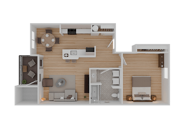 A top-down view of a modern apartment layout with a kitchen, living room, and bedroom.