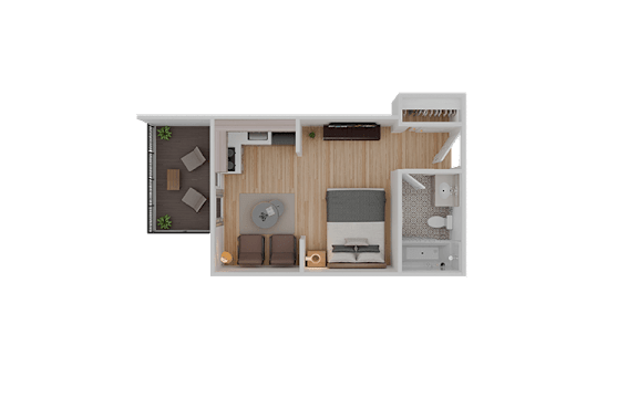 Floor Plan  A floor plan of a small apartment with a kitchen, living room, and bathroom.