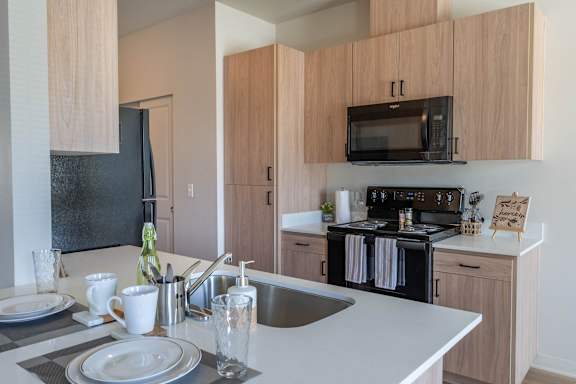 A kitchen with a black fridge and a black oven.
