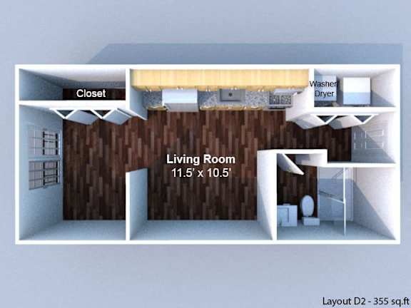 A 3D layout of a living room measuring 11.5 x 10.5.
