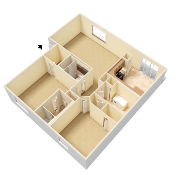 A 3D image of a house layout with a kitchen, living room, and two bedrooms.