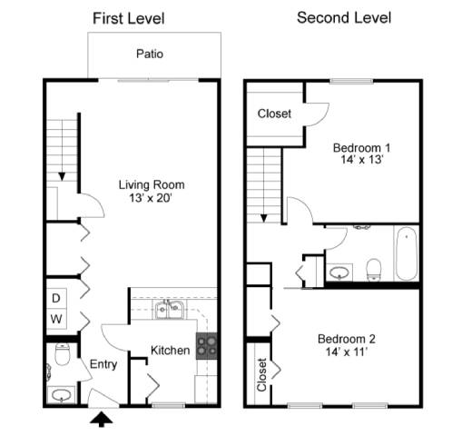 A floor plan of a two-level home with a living room, kitchen, and two bedrooms.