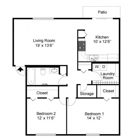 A floor plan of a house with a living room, kitchen, two bedrooms, a laundry room, and two closets.