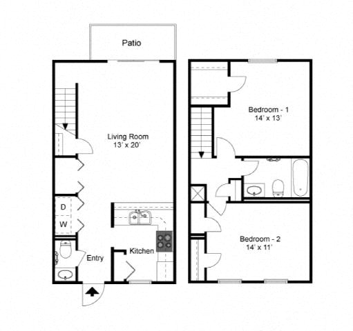 A floor plan of a house with two bedrooms, a living room, a patio, and a kitchen.