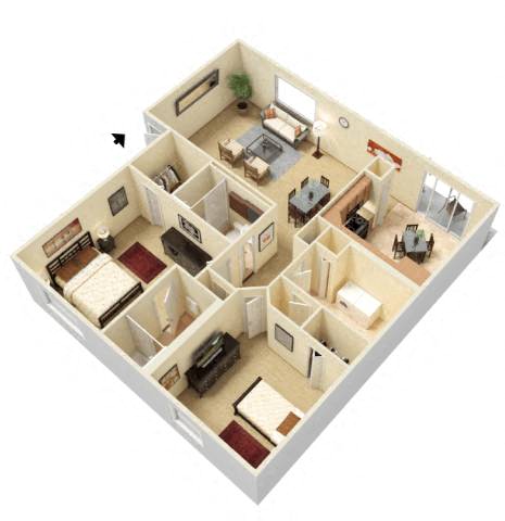A 3D model of a house with multiple rooms and furniture.