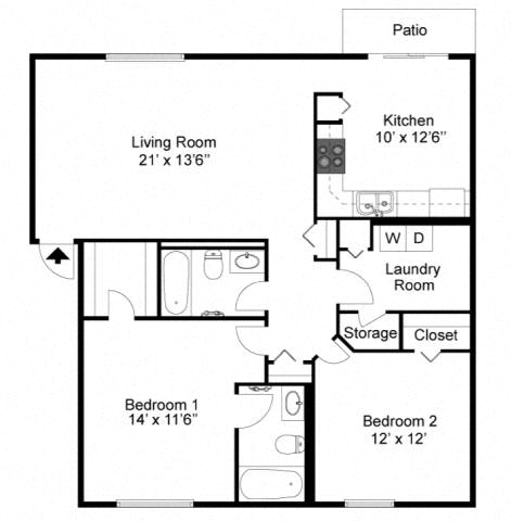 A floor plan of a small apartment with a living room, kitchen, two bedrooms, a laundry room, and a storage closet.
