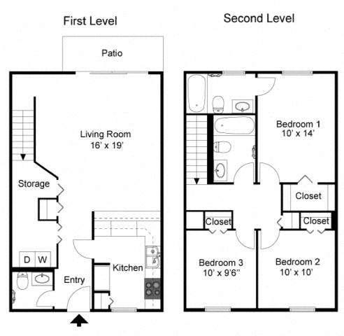 A floor plan shows a first and second level of a home with a living room, kitchen, and bedrooms.