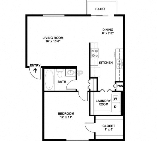 A black and white floor plan of a house with a living room, dining room, kitchen, bathroom, bedroom, laundry room, and closet.
