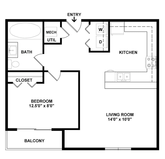 A floor plan of a home with a bedroom, living room, kitchen, bathroom, and closet.