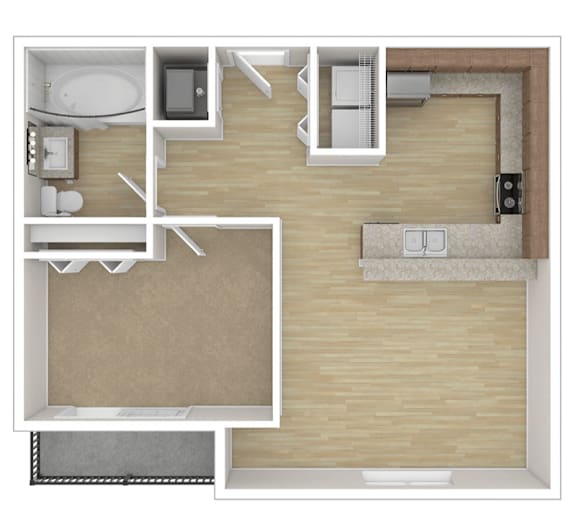 A floor plan of a house with a kitchen, living room, and bathroom.