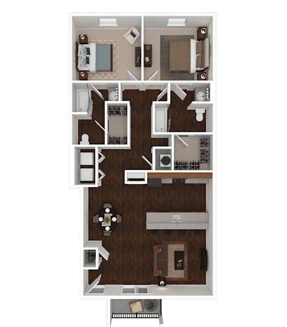A floor plan of a two-story apartment with a living room, kitchen, dining room, and bedrooms.