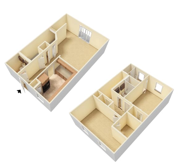 Two floor plans of a house with a kitchen, living room, and bedrooms.