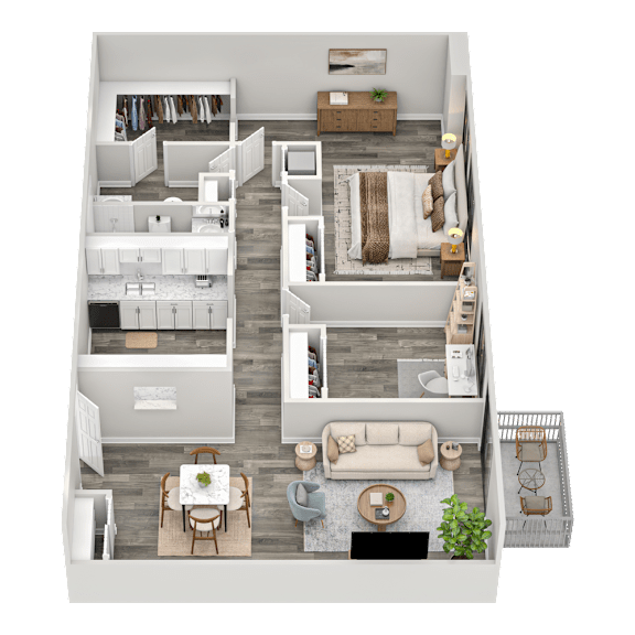 Floor Plan  A 3D floor plan of a house with a living room, kitchen, dining room, and bedrooms.