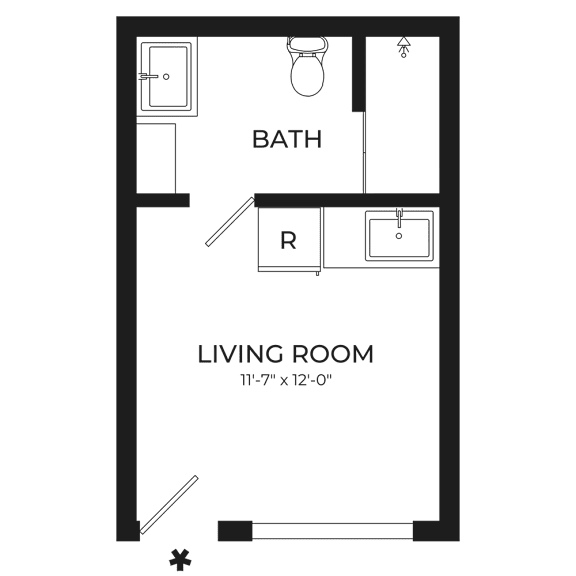A floor plan of a living room with a bath and a reading area.