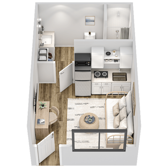 A top-down view of a modern, well-organized kitchen and living room.