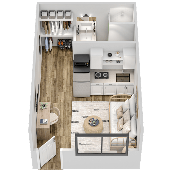 Floor Plan  A top-down view of a small, well-organized kitchen and living room.