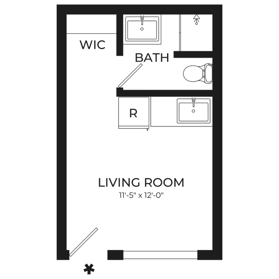 A floor plan of a living room with a bathroom and a WIC area.