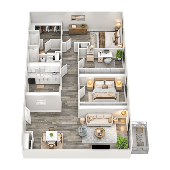 A detailed 3D floor plan of a two-story apartment.