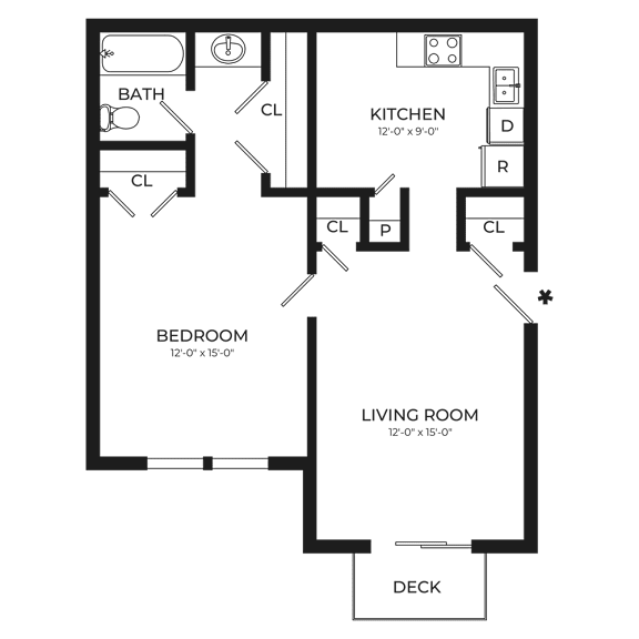 A floor plan of a small apartment with a kitchen, living room, bedroom, and bathroom.