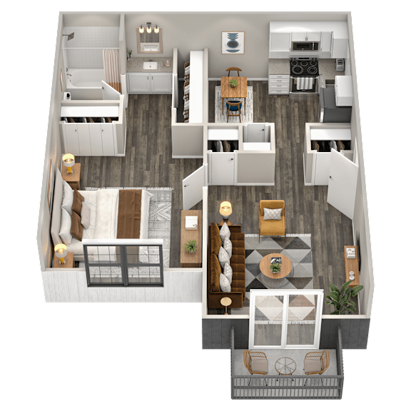A top-down view of a modern apartment layout with a kitchen, living room, and bedrooms.