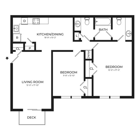 A floor plan of a house with a kitchen, dining area, two bedrooms, a living room, a bathroom, and a deck.