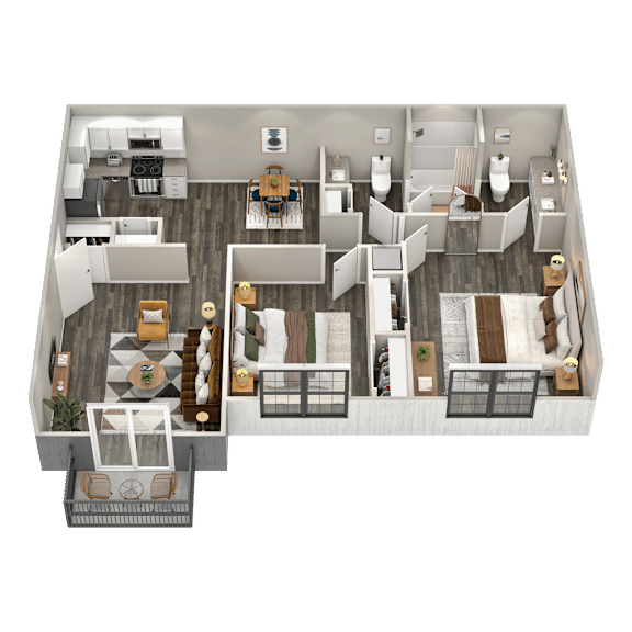 A top-down view of a house interior with a kitchen, living room, and two bedrooms.