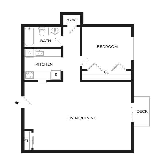 A floor plan of a small apartment with a kitchen, living room, and bathroom.