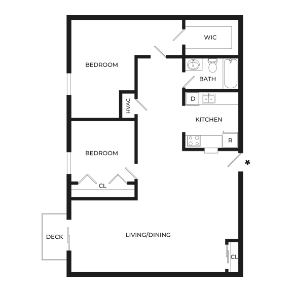 A floor plan of a house with two bedrooms, a kitchen, a bathroom, a living/dining area, and a deck.