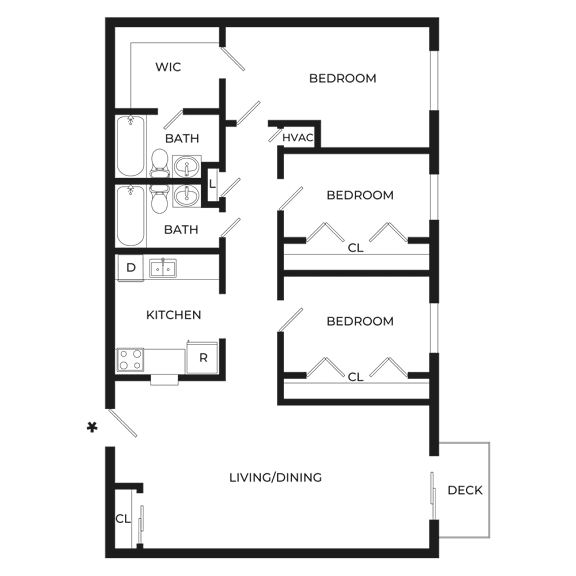 A floor plan of a house with labeled rooms and bathrooms.