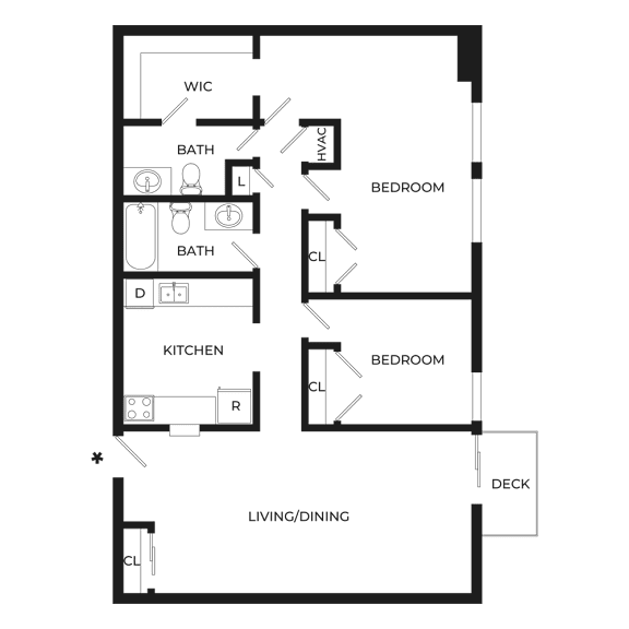 A floor plan of a house with a kitchen, living room, two bathrooms, a bedroom, a deck, and a WIC.