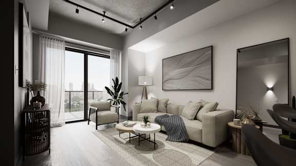 Striking art in living room at Damask, Windsor, ON, Ontario