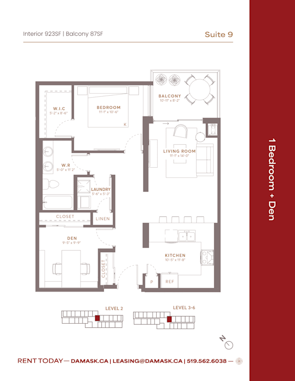 A floor plan for a 1 Bedroom + Den apartment in Suite 9.